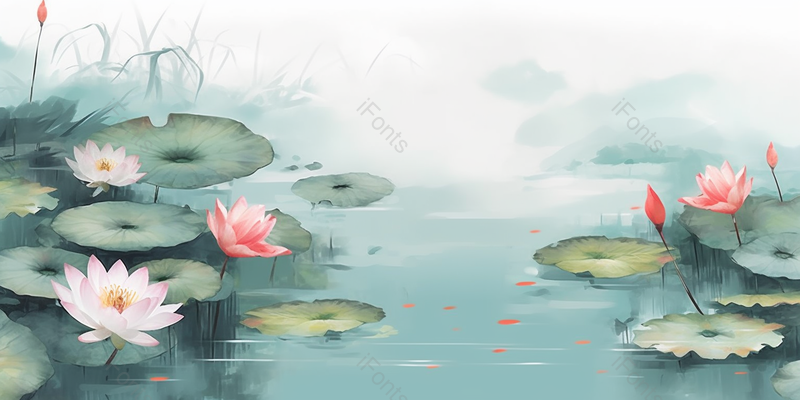 夏天夏季池塘里绿色的荷叶和白色和粉色的荷花绽放海报背景插画,插画/手绘图,插画/手绘图库,插画/手绘图下载,插画/手绘